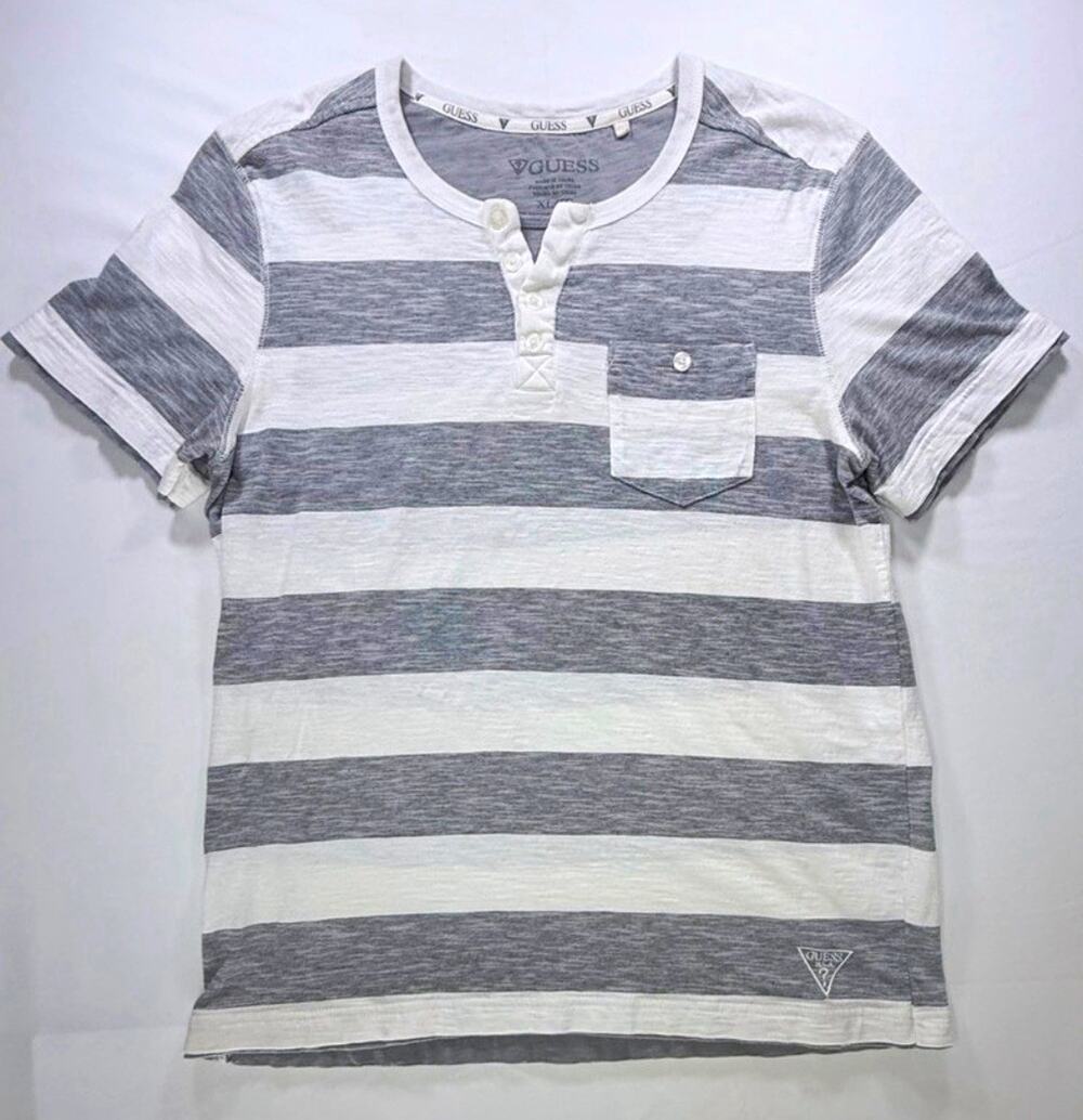 Guess Striped Henley Shirt XL Gray White Slub Cotton Pocket Y2K Aesthetic
